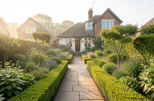 Jardin soigné autour d’une maison, allées bien tracées et massifs taillés, ambiance lumineuse naturelle et douce.