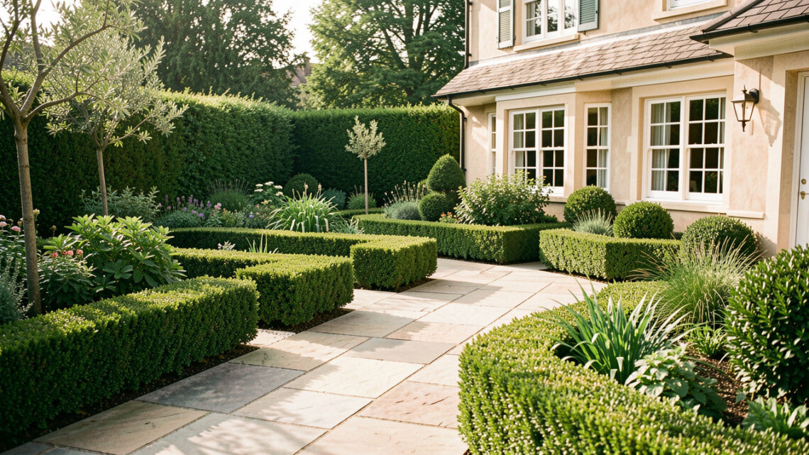 Jardin soigné autour d’une maison : haies taillées, terrasse propre et ambiance naturelle équilibrée, baignée par une lumière du matin.