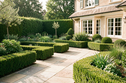 Jardin soigné autour d’une maison : haies taillées, terrasse propre et ambiance naturelle équilibrée, baignée par une lumière du matin.