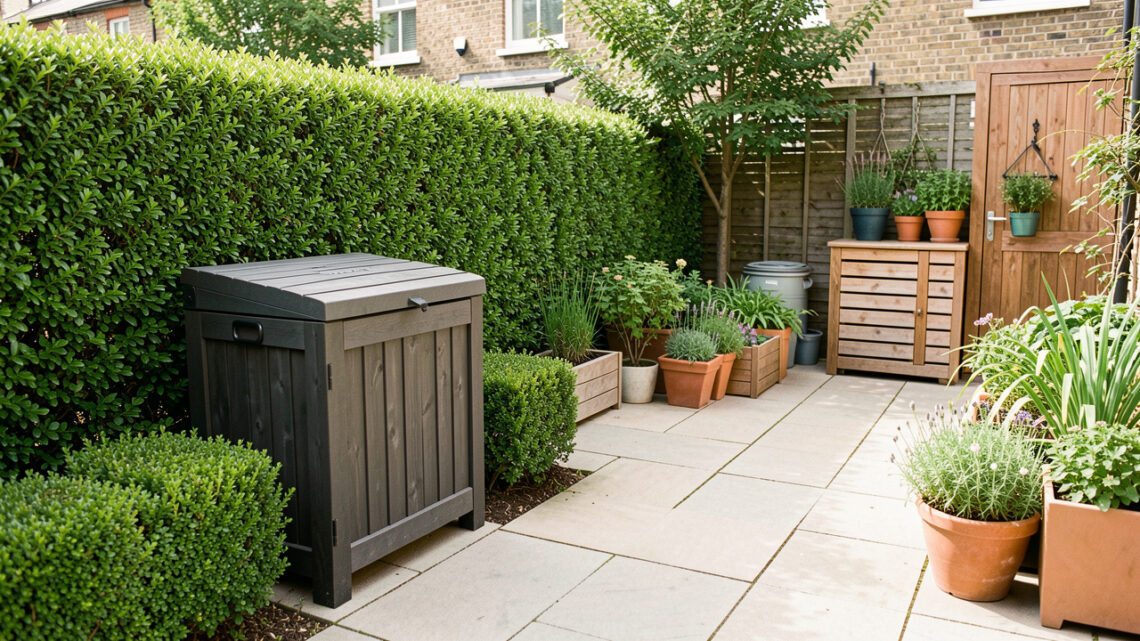 Jardin urbain soigneusement entretenu avec composteur fermé, haies taillées et rangement extérieur bien ordonné sous une lumière naturelle.