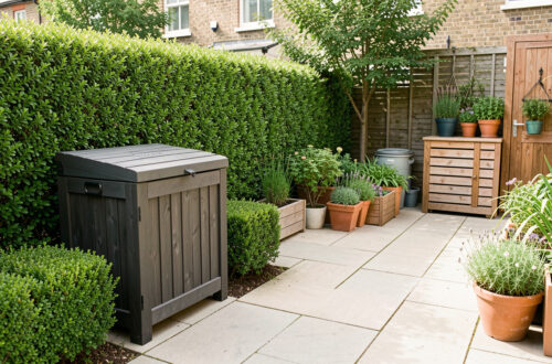 Jardin urbain soigneusement entretenu avec composteur fermé, haies taillées et rangement extérieur bien ordonné sous une lumière naturelle.