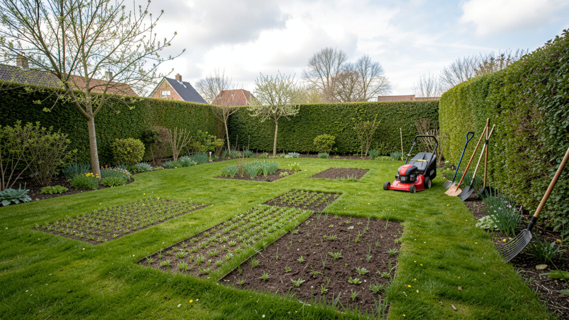 Jardin résidentiel belge au printemps avec une pelouse verte, des zones récemment semées, une tondeuse et des outils de jardinage sous une lumière douce.