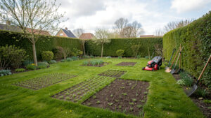Jardin résidentiel belge au printemps avec une pelouse verte, des zones récemment semées, une tondeuse et des outils de jardinage sous une lumière douce.