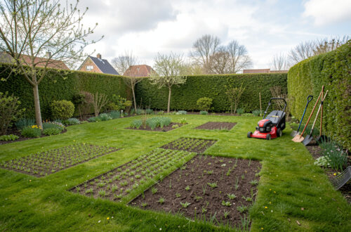Jardin résidentiel belge au printemps avec une pelouse verte, des zones récemment semées, une tondeuse et des outils de jardinage sous une lumière douce.