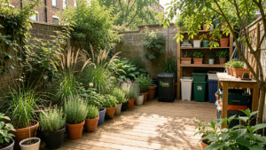 Petit jardin urbain verdoyant avec terrasse en bois, plantes variées, composteur discret et rangement extérieur soigneusement organisé.