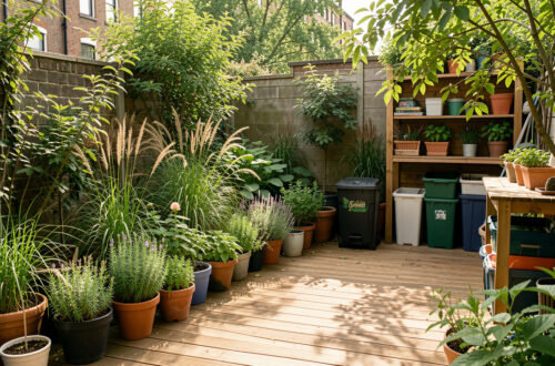 Petit jardin urbain verdoyant avec terrasse en bois, plantes variées, composteur discret et rangement extérieur soigneusement organisé.
