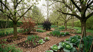 Jardin-forêt comestible en Belgique avec arbres fruitiers, groseilliers, chou vivace et paillage de feuilles sous une lumière douce de printemps.