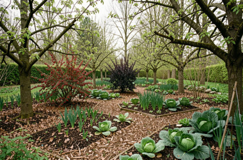 Jardin-forêt comestible en Belgique avec arbres fruitiers, groseilliers, chou vivace et paillage de feuilles sous une lumière douce de printemps.