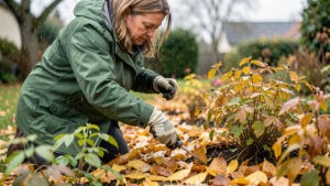 Une femme arrache soigneusement une adventice avec une gouge dans un massif de jardin couvert de feuilles d’automne mouillées après une pluie légère.