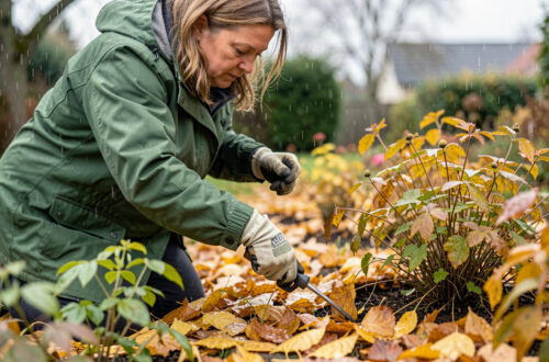Une femme arrache soigneusement une adventice avec une gouge dans un massif de jardin couvert de feuilles d’automne mouillées après une pluie légère.