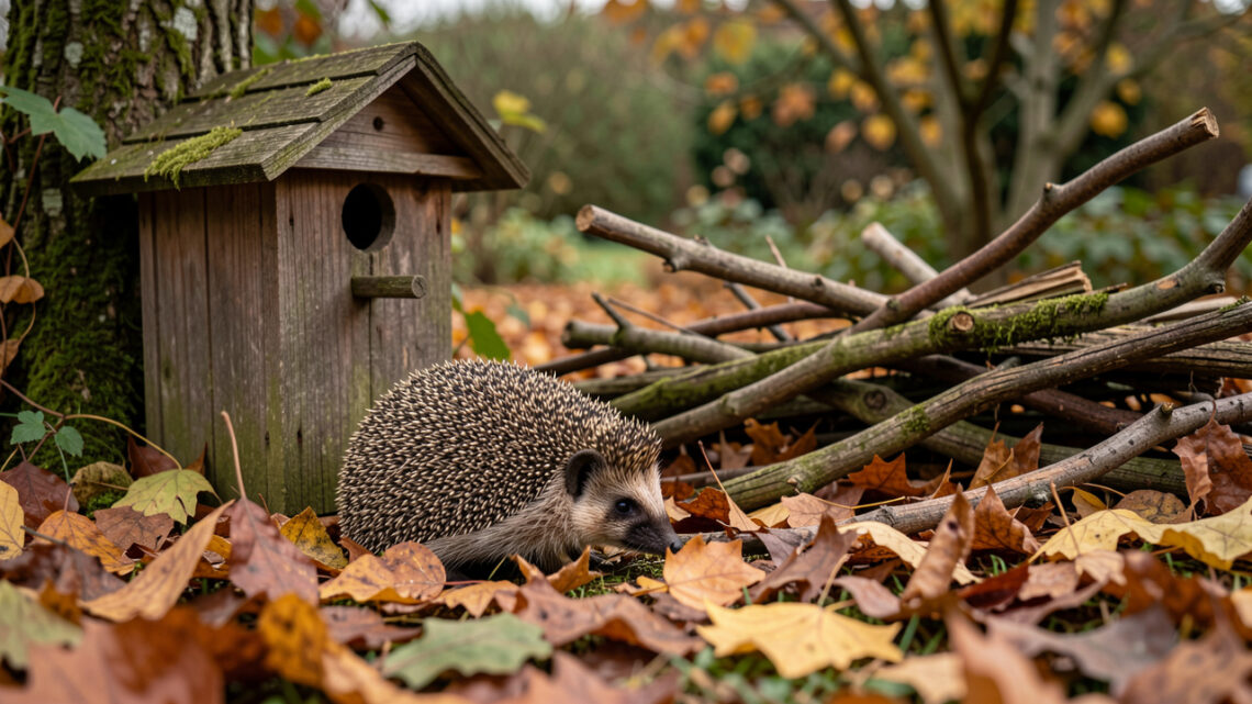 Jardin d’automne naturel avec des feuilles tombées, un nichoir en bois, un tas de branches et un petit hérisson discret.