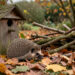 Jardin d’automne naturel avec des feuilles tombées, un nichoir en bois, un tas de branches et un petit hérisson discret.