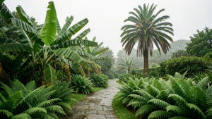 Jardin exotique luxuriant inspiré d’un parc paysager breton, avec une allée courbe bordée de fougères, de bananiers rustiques et d’un palmier chanvre sous une lumière douce.
