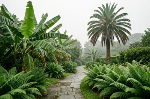 Jardin exotique luxuriant inspiré d’un parc paysager breton, avec une allée courbe bordée de fougères, de bananiers rustiques et d’un palmier chanvre sous une lumière douce.
