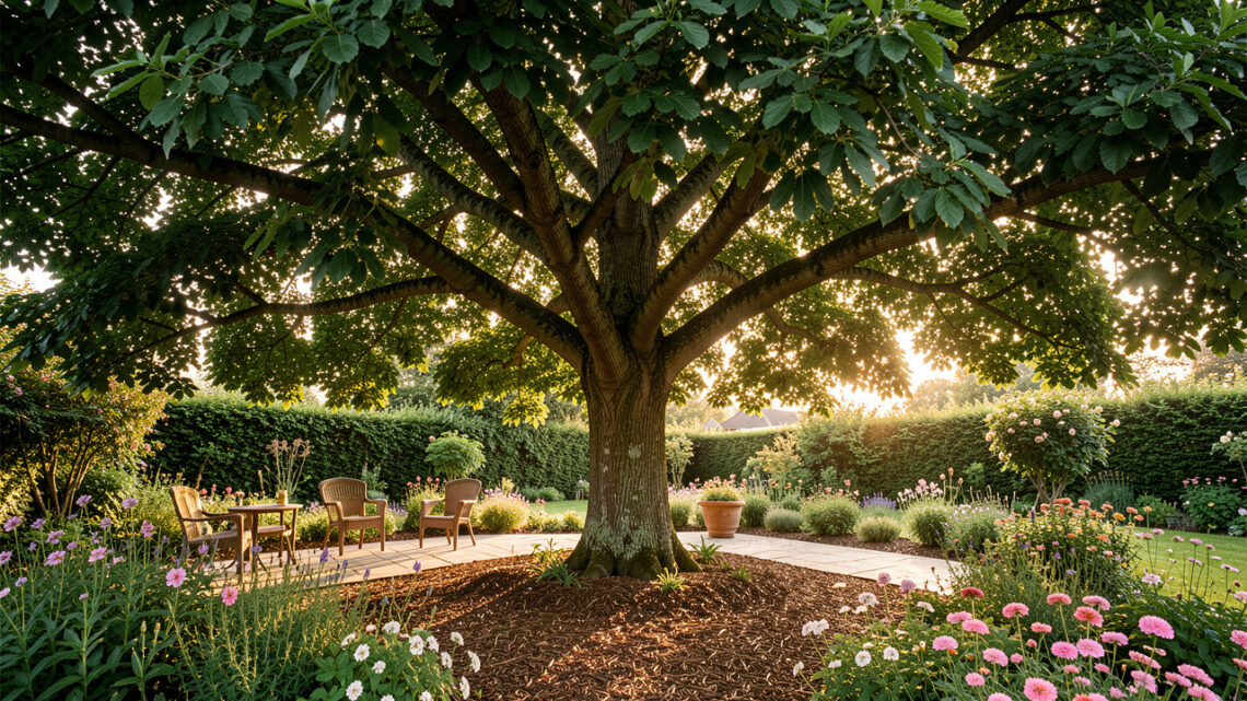 Jardin familial d’été avec un mûrier platane adulte projetant une ombre dense sur une terrasse, entouré de couvre-sols fleuris et de paillage naturel dans une lumière chaude.