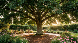 Jardin familial d’été avec un mûrier platane adulte projetant une ombre dense sur une terrasse, entouré de couvre-sols fleuris et de paillage naturel dans une lumière chaude.