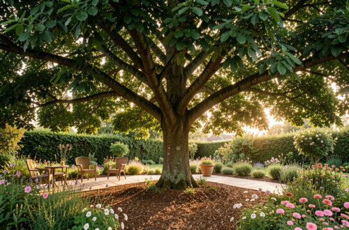 Jardin familial d’été avec un mûrier platane adulte projetant une ombre dense sur une terrasse, entouré de couvre-sols fleuris et de paillage naturel dans une lumière chaude.