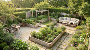 Vue d’un jardin familial paysager avec terrasse, potager, coin détente et allées bordées de végétation