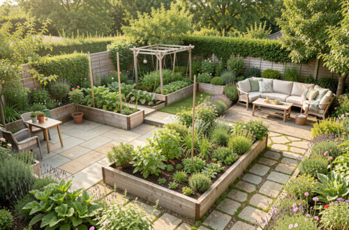 Vue d’un jardin familial paysager avec terrasse, potager, coin détente et allées bordées de végétation