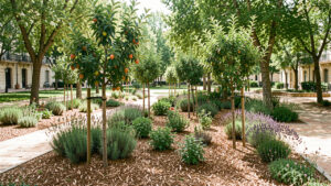 Jardin-forêt urbain méditerranéen lumineux à Aix-en-Provence, avec de jeunes arbres fruitiers, des arbousiers, des plantes aromatiques et un paillage naturel dans un parc public.