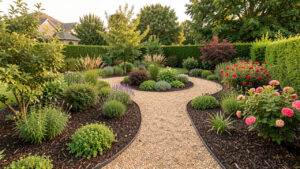 Jardin paysager facile à entretenir avec massifs paillés, couvre-sols, allée naturelle et arbustes fleuris.
