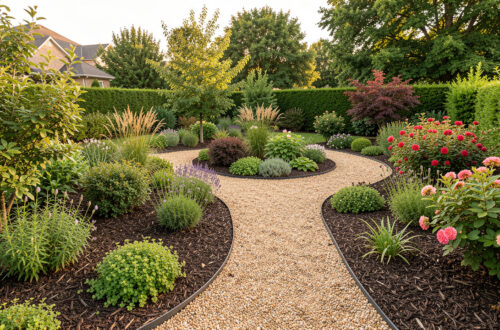Jardin paysager facile à entretenir avec massifs paillés, couvre-sols, allée naturelle et arbustes fleuris.