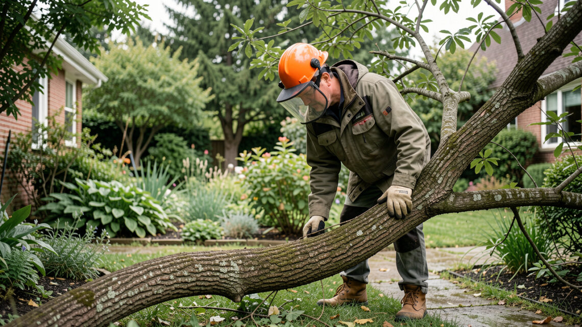 Un jardinier portant un casque forestier et des équipements de protection observe une grosse branche courbée et coincée au sol dans un jardin réaliste avant sa coupe.
