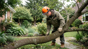 Un jardinier portant un casque forestier et des équipements de protection observe une grosse branche courbée et coincée au sol dans un jardin réaliste avant sa coupe.