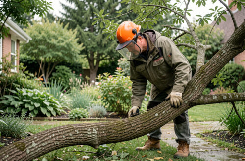 Un jardinier portant un casque forestier et des équipements de protection observe une grosse branche courbée et coincée au sol dans un jardin réaliste avant sa coupe.