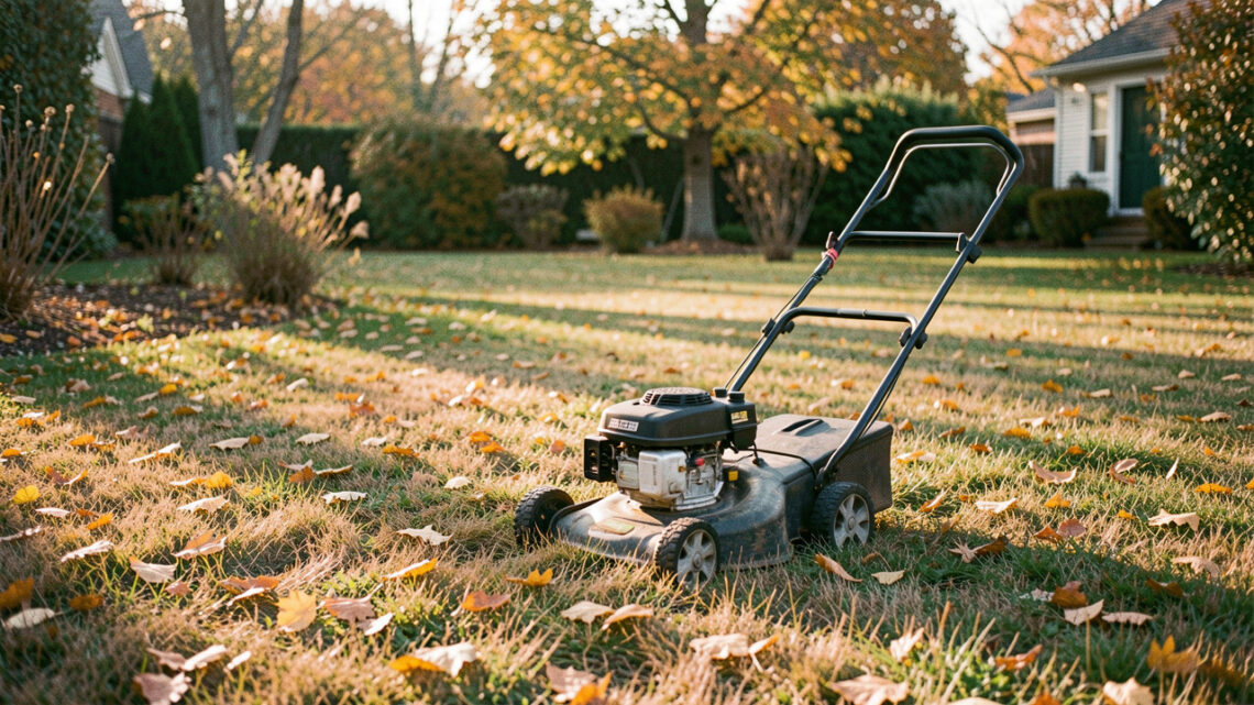 Pelouse de jardin en automne avec une tondeuse arrêtée sur l’herbe sèche, des feuilles dorées éparses et une lumière fraîche de fin de journée.