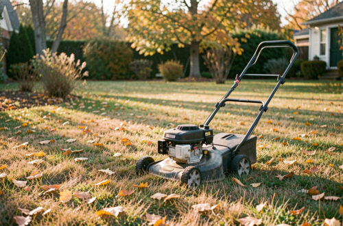 Pelouse de jardin en automne avec une tondeuse arrêtée sur l’herbe sèche, des feuilles dorées éparses et une lumière fraîche de fin de journée.