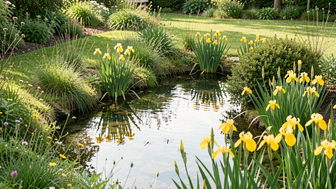 Petit étang naturel dans un jardin familial, bordé d’iris des marais, de végétation indigène et de libellules sous une lumière printanière.