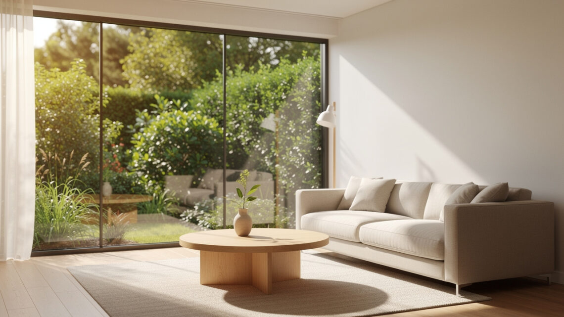 Petit salon lumineux ouvert sur un jardin, avec un canapé d’angle beige, une grande baie vitrée et une table basse ronde en bois clair.