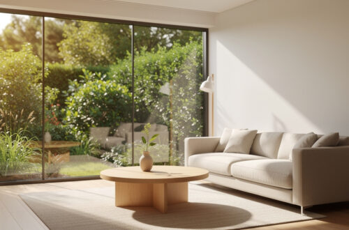 Petit salon lumineux ouvert sur un jardin, avec un canapé d’angle beige, une grande baie vitrée et une table basse ronde en bois clair.