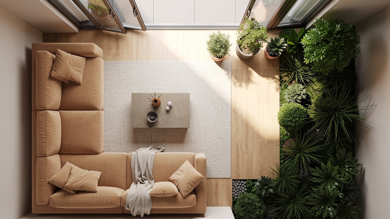 Plan d’aménagement vu de dessus d’un petit séjour avec canapé d’angle, tapis clair, passage dégagé vers une terrasse ouverte et jardin végétalisé.