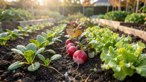 Potager familial au début de l’automne avec des rangs de jeunes épinards, de radis et de laitues dans une terre fraîche, baignés par une douce lumière de septembre.