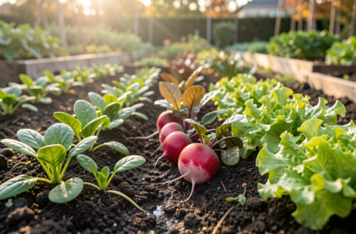 Potager familial au début de l’automne avec des rangs de jeunes épinards, de radis et de laitues dans une terre fraîche, baignés par une douce lumière de septembre.