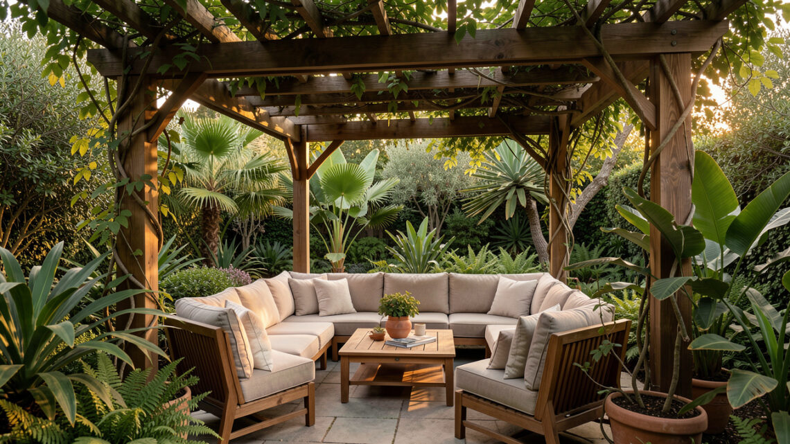 Coin détente de jardin élégant sous une pergola, avec des assises confortables, des plantes luxuriantes et une douce lumière du soir.
