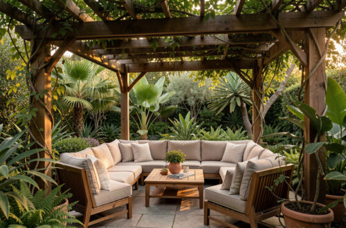 Coin détente de jardin élégant sous une pergola, avec des assises confortables, des plantes luxuriantes et une douce lumière du soir.