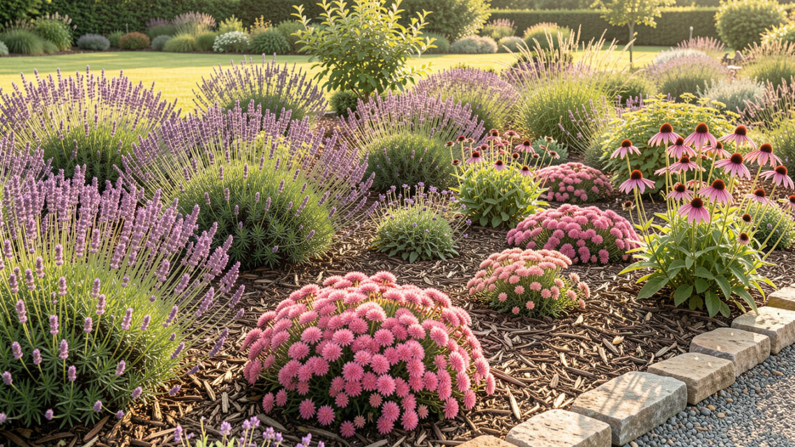 Vue large d’un jardin naturel lumineux composé de lavandes, de sedums, d’échinacées et de paillage organique.