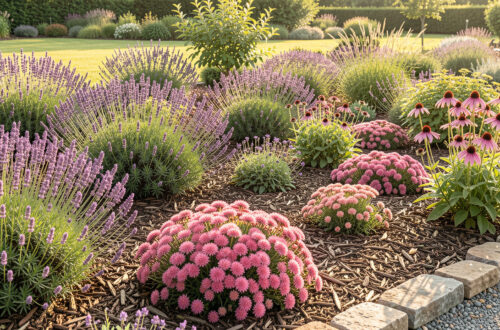 Vue large d’un jardin naturel lumineux composé de lavandes, de sedums, d’échinacées et de paillage organique.