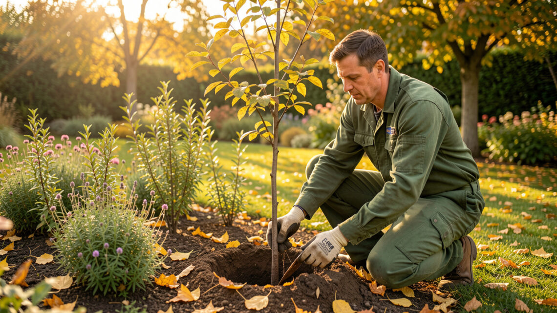 Jardin d’automne lumineux avec jeunes arbustes, vivaces en massif, feuilles au sol et jardinier plantant un arbre.