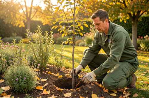 Jardin d’automne lumineux avec jeunes arbustes, vivaces en massif, feuilles au sol et jardinier plantant un arbre.