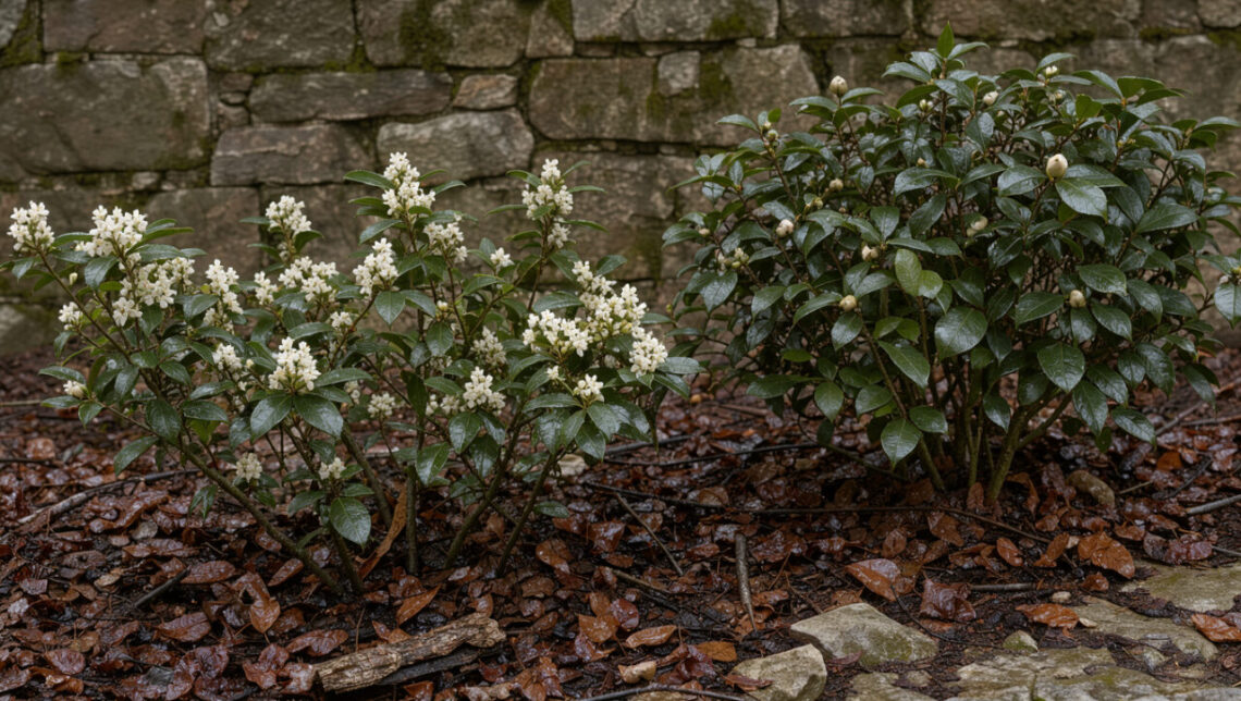 Jardin exposé au nord en hiver, avec des sarcococcas aux fleurs blanches, un camélia, un paillage de feuilles et un mur de pierre en arrière-plan.