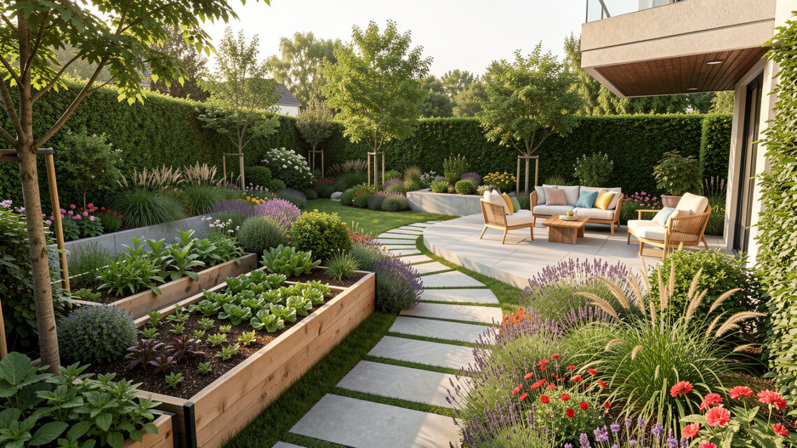 Jardin paysager moderne avec terrasse, allée en pierre, potager surélevé, massifs fleuris et coin détente baigné de lumière.