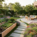 Jardin paysager moderne avec terrasse, allée en pierre, potager surélevé, massifs fleuris et coin détente baigné de lumière.