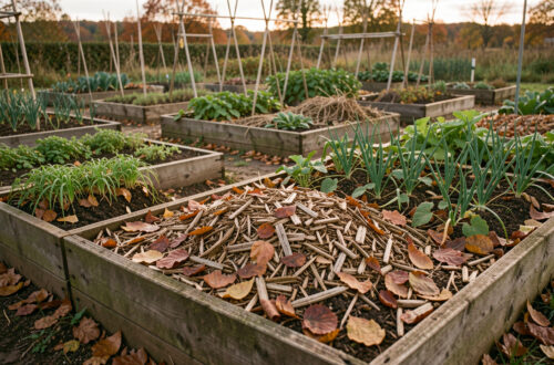 Jardin potager en automne avec des planches couvertes de feuilles mortes, de broyat et d’engrais vert sous une lumière douce.