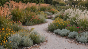Massif de jardin contemporain composé de Miscanthus, de Pennisetum et de vivaces fleuries, bordé par un chemin en gravier sous une douce lumière de fin d’été.