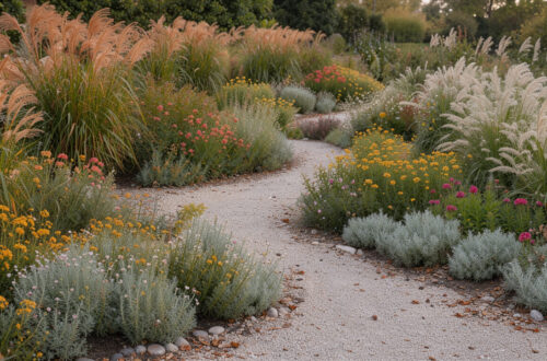 Massif de jardin contemporain composé de Miscanthus, de Pennisetum et de vivaces fleuries, bordé par un chemin en gravier sous une douce lumière de fin d’été.