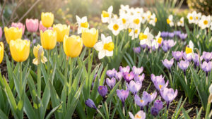 Massif de jardin printanier composé de tulipes jaunes, de narcisses blancs et de crocus violets baignés par une douce lumière matinale.
